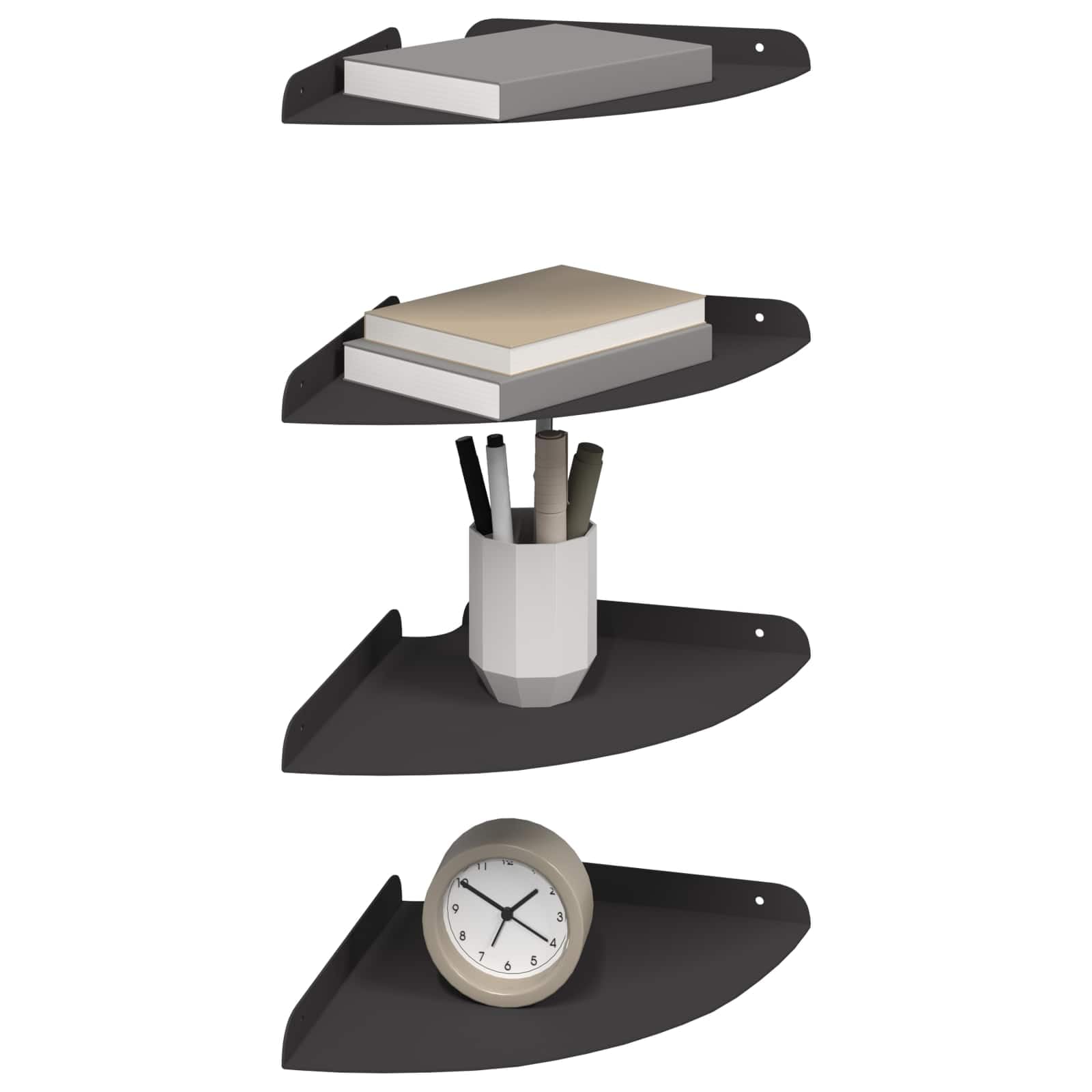 4er Set Schweberegal Schwarz Matt 24x24cm - Viertelkreis Wandregal aus robustem Stahl - Eckregal mit erhöhtem Rand für Küche, Bad und Wohnzimmer