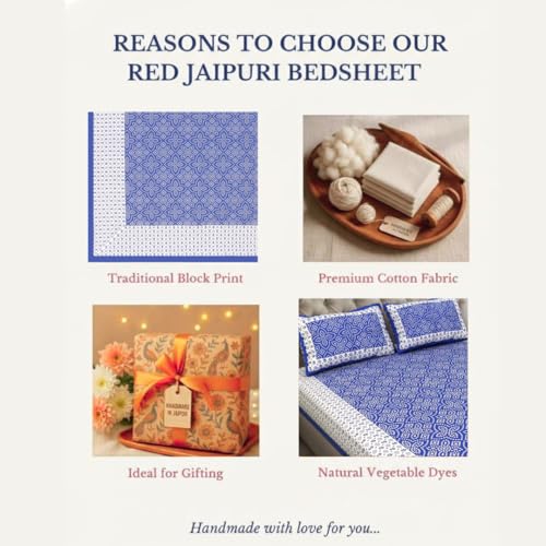 Image of JAIPUR PRINTS 100% Cotton Bedsheet for Double Size Bed bedsheets Rajasthani Jaipuri Printed Double Size Bedsheet with 2 Pillow Cover / 90x100 inch / 235x215 cm / (Blue & White)
