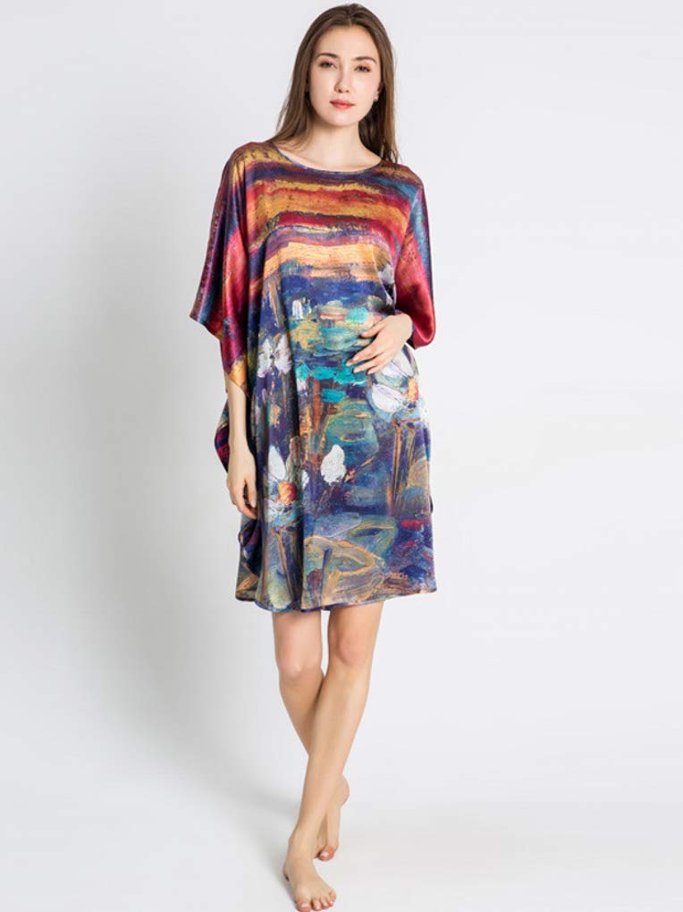 Donna 100% Pura Seta Raso Crepe Kimono Vestaglia Pigiama Caftano Camicia da Notte Stampa d'Arte