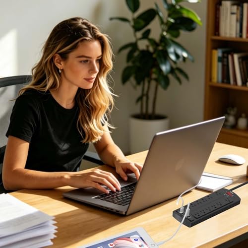 Image of 6 Feet Extension Cord Power Strip, Yintar Surge Protector with 12 AC Outlets and 4 USB Ports, 2700 Joules, ETL Listed, Black