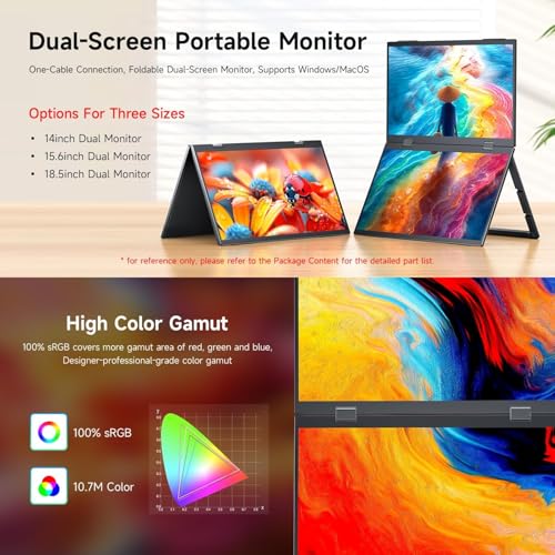 Image of 14inch Dual-Screen Portable Monitor Supports Windows /MacOS, Dual-1080p High Definition Foldable Screen, 100% SRGB, 178 Wide Viewing Angle, Built-in Gravity Sensor, Hi-Fi Speaker
