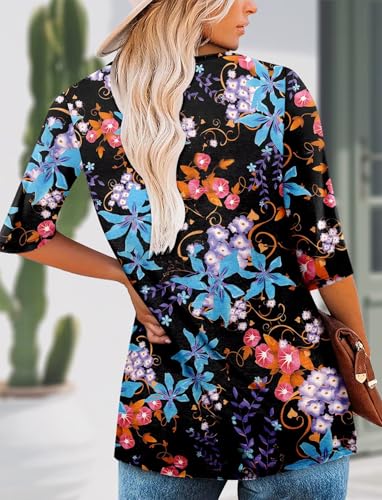 KISSMODA Tunic Tops for Women Loose Fit Dressy Round Neck Pleated 3/4 Length Sleeve Spring Tops