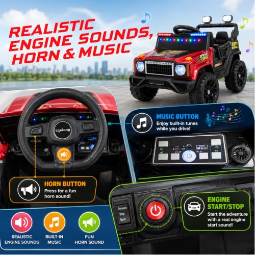 Image of Lifelong Jeepster EV Car for Kids | Big Electric Car with Music & LED Lights | Dual Motor, 12V Rechargeable Battery | Parental Control, Foot Accelerator Electric Ride On Car for Kids 2-8 Yrs (Red)