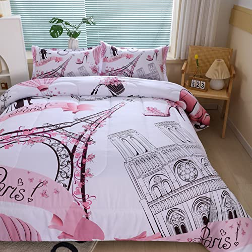 Romantic Pink Paris Style Comforter Set For Girls And Teens, Twin Size Sweet Couple Paris Tower Bedroom Themed Bedding Comforter With 2 City Landscape Patterned Pillowcases-68 X86(Twin, Pink) #TOP3