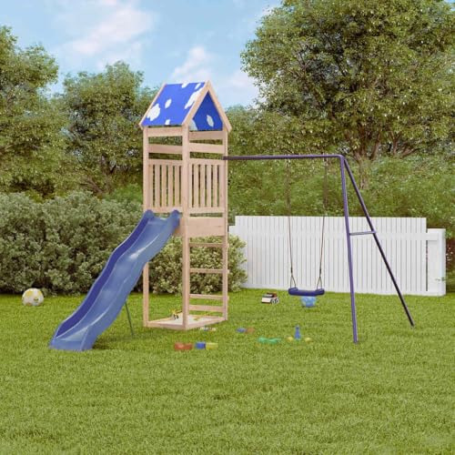 Massivholz Spielturm mit Wellenrutsche und Schaukel aus Kiefernholz für den Garten - Spielplatzgerät für Kinder von 3 bis 8 Jahren