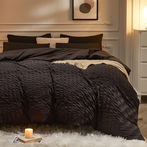 Image of JELLYMONI Black Duvet Cover King Size, 3pcs Washed Microfiber Bedding Set, Soft Breathable Seersucker Duvet Cover Set with Zipper Closure and Corner Ties for All Seasons