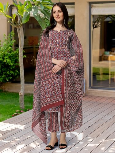 Image of MIRCHI FASHION Pure Cotton Women Straight Embellished Ajrakh Print Kurti Set with Dupatta and Pant