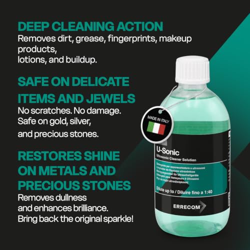 Image of ERRECOM U-Sonic Ultrasonic Jewelry Concentrated Cleaner, Maxi Size 17 fl oz | For Jewels, Gems, Watches, Eyewear, Aligners | Safe on Diamonds, Gold, Silver & More | Compatible with Ultrasonic Machines