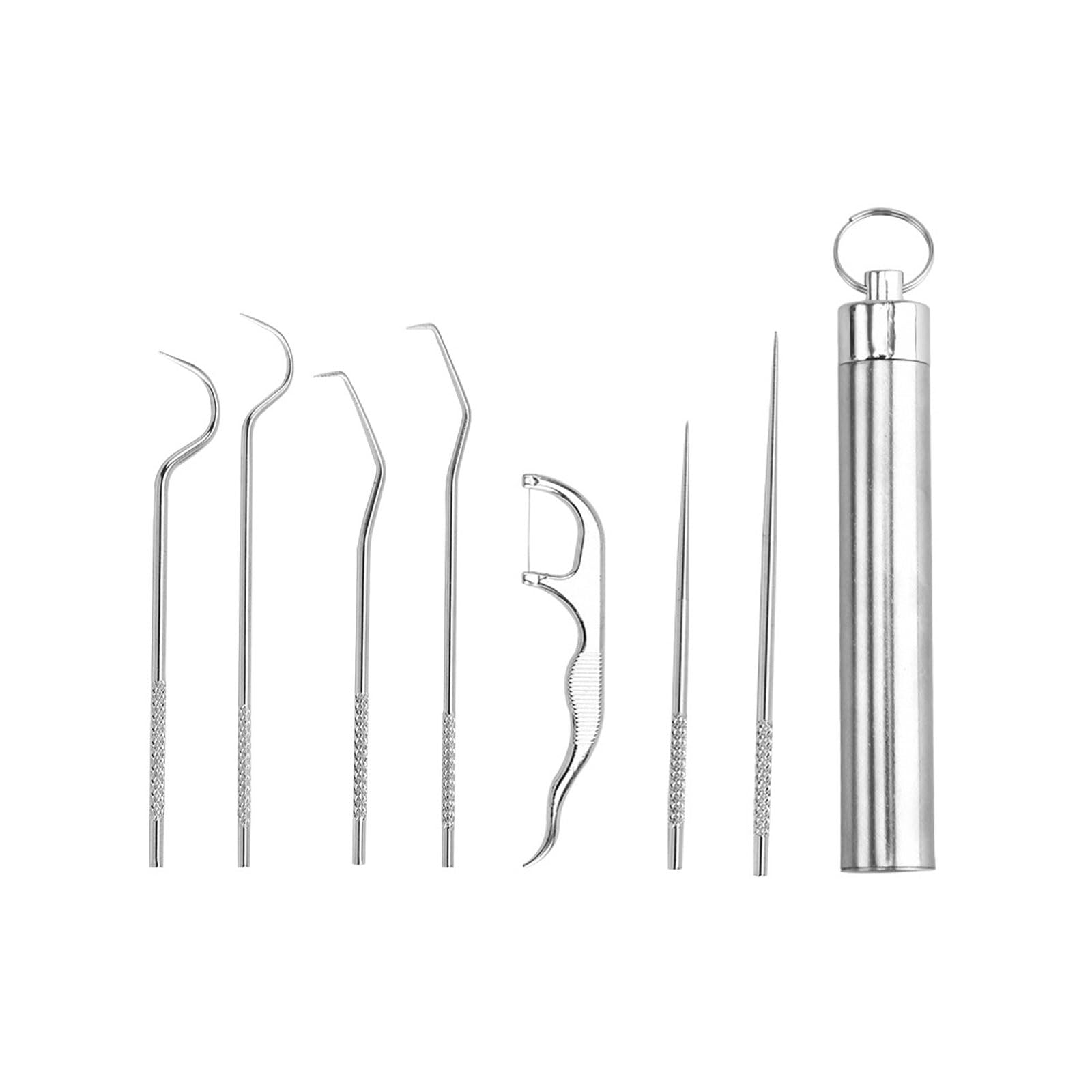 Pack of 7 Portable Stainless Steel Toothpicks, Integrated Toothpick with Key Ring, Metal Fruit Fork, Toothpick Holder, Waterproof Toothpick for Outdoor Camping, Silver