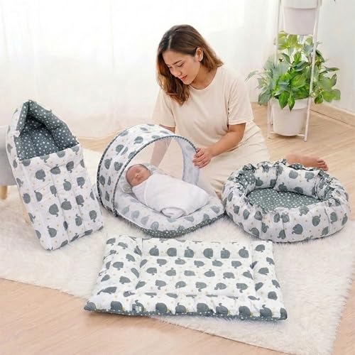 Image of Fareto Combo of Baby Nest | Net with Bed | Carry Bag | 4 Pcs Bedding Set(0-6 Months) (Fullset Nest) (Ele Gray)