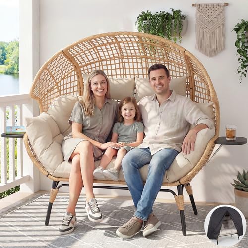 CHINNLUU Double Egg Chair Outdoor Indoor 2 Person Wicker Egg Lounge Chair with Foldable Cup Holder Cushion Rain Cover Patio Oversized Loveseat for Balcony Porch Backyard
