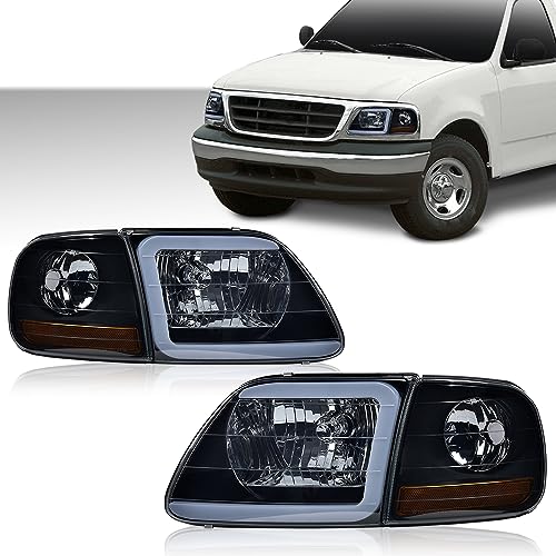 Image of GRAND ORANGE Lightning Style Headlights Assembly LED DRL strip Compatible with 1997-2002 Ford Expedition /1997-2004 F150 /1997-1999 F250 Headlamps Smoke Lens Black Housing Amber Reflector