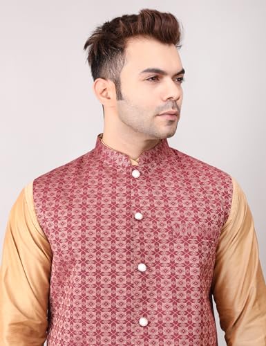 Image of Men's Cotton Silk Blend Regular Kurta Pyjama, Embroidered Nehru Jacket /Waistcoat Set