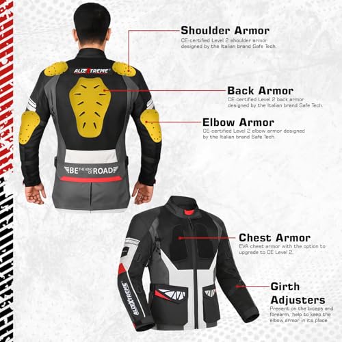 Image of Allextreme RALLY Unisex Motorcycle Touring Riding Jacket Polyester & Mesh Fabric with Abrasion Resistance Impact Protection Back Elbow Shoulder CE Lvl 2 Certified Armour Chest for Bikers (XL, Grey)
