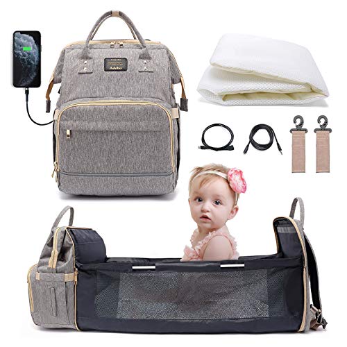 Adebo Diaper Bag Backpack with Fodable Baby Crib| 3 in 1 Upgraded Muti-Functional Mommy Bag with Changing Station | Nappy Bag with USB Charging Port| Portable Baby Bassinet Travel Bag(Bag+Crib+Grey)