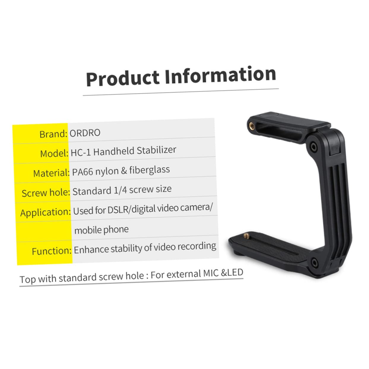 Stabilizzatore Fotocamera Portatile Multifunzionale per Dslr e Videocamere Impugnatura a U in Nylon Pa66 e Fibra di Vetro, Vite Standard 1/4, per Riprese Angolo Basso