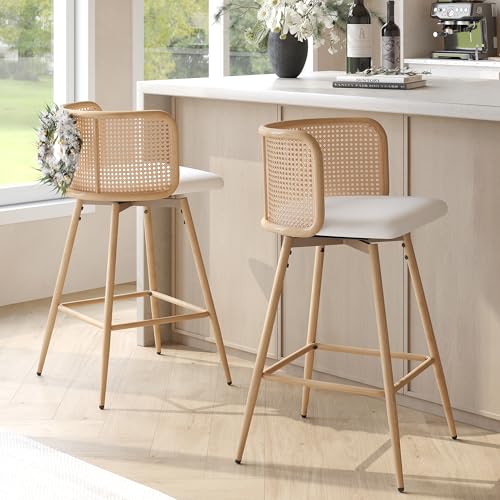TYBOATLE Swivel Rattan Bar Stools Set of 2, 26” Counter Height Stools with Natural Rattan Woven Back and Faux Leather Seat, Mid-Century Modern Island Chairs Barstools for Kitchen, White (2)