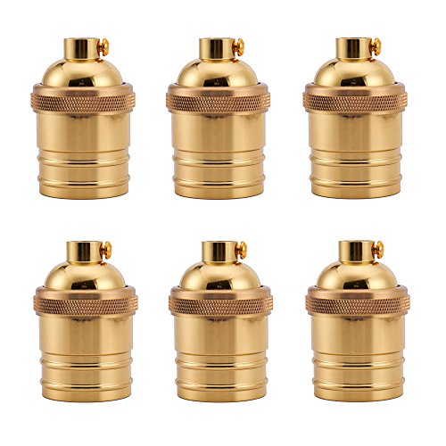iSunMoon 6 Pack Screw Thread Keyless Brass Light Socket - Polished Solid Brass Finish - 1/8 IPS With Screw Set - Retro Vintage Brass Light Socket - Edison Pendant Light Socket