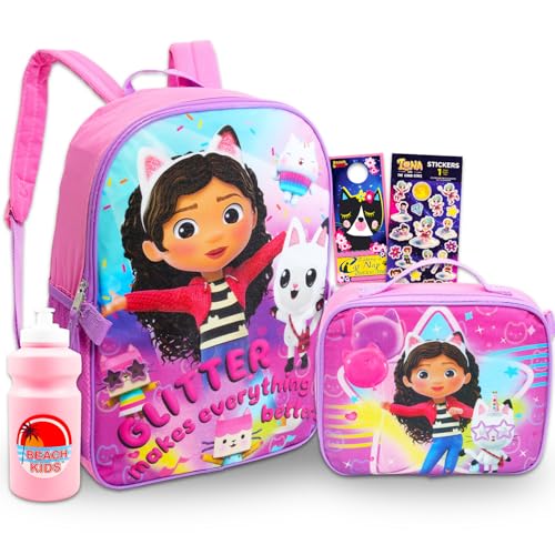 DreamWorks Mochila Gabby's Dollhouse com conjunto de lancheira – Pacote com mochila de 41 cm, lancheira, adesivos, garrafa de água, mais | Bolsa escolar Gabby's Dollhouse para meninas