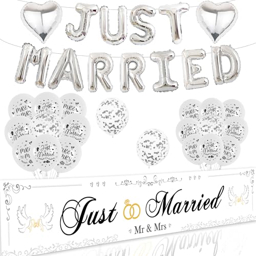 Just Married Wedding Party Decorations - Mr & Mrs Silver and White 25 x 150cm Banner, Just Married Foil Balloons Confetti Heart Balloons Decor for Bridal Shower and Engagement Party