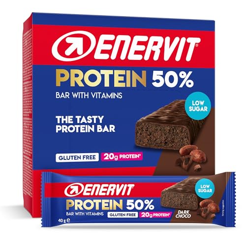 Enervit Barrita Proteica 50% Dark Choco, 20g de Proteínas, Baja en Azúcar, con Vitamina D y B6, Sabor Chocolate Negro, Para la Recuperación Después del Deporte, Sin Gluten, 12 Barritas de 40g