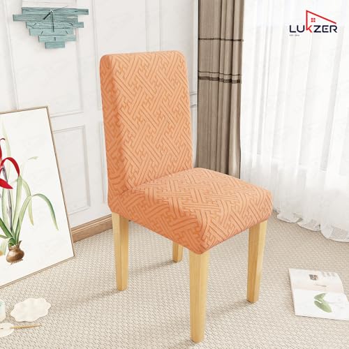Image of Lukzer Elastic Dining Chair Cover - 2PC Pastel Orange Grid Maze | Textured High Stretch Jacquard Seat Cover | Removable Washable Short Dining Chair Cover Protector Seat Slipcover | (CC-106-2)