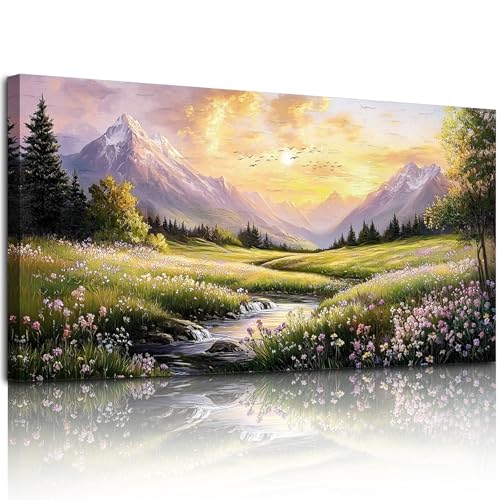 crmotu Large Landscape Wall Art, Nature Wall Art, Mountain Artwork for Walls, Sunset Aesthetic Canvas Prints, Spring Scenery Paintings for Living Room Bedroom Kitchen Farmhouse Cottagecore 24x48inch