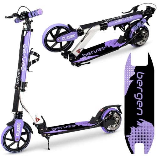 Bergen City Scooter Tretroller Classic klappbar - 200 mm Räder, Vorderrad- & Fußbremse, 2× Federung, Aluminium Scooter höhenverstellbar, für Kinder ab 6 Jahre & Erwachsene bis 100 kg (Violett)