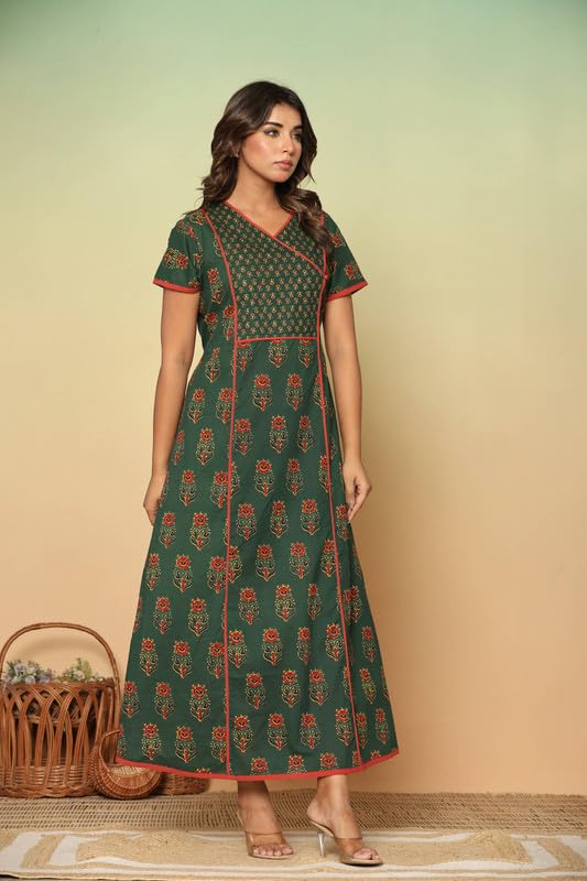 Image of NIHSAMAH Cotton Night Gown for Women - Angrakha Style Nighty, Comfortable Sleepwear /Nightwear /Maxi