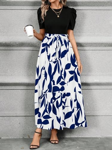 Image of PerZeal Women's Casual Summer Crewneck A Line Short Sleeve Print Flowy Boho Long Maxi Dress with Belt