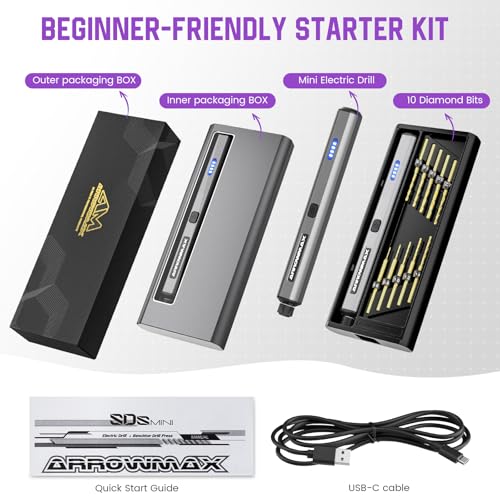 Image of AM ARROWMAX Mini Electric Drill Pen, 13 in 1 with Aluminium case, Rechargeable, 900 RPM, Needle Vise Hand Drill Kit, 10 HSS Bits, DIY, Wood, Jewelry Making (SDS MINI)