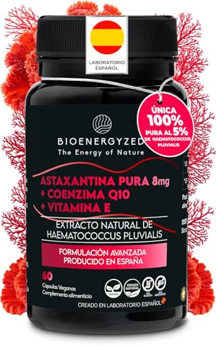 100% Astaxantina Natural PURA 8mg reales por Cápsula + Q10 100mg + Vit E | Única Fórmula con 3 Potentes Antioxidantes en Dosis Máximas | Fabricado en Laboratorio Español | 60 Cap Veganas, No OGM