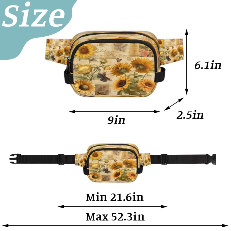 Vintage Poster Sunflower Butterfly Waterproof Fanny Pack for Women Men Adjustable Waist Bag with Double Zipper Pockets Lightweight Square Hip Pack for Running Travel Hiking Workout Cycling