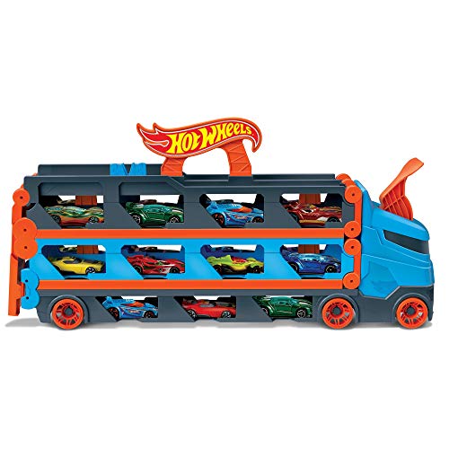 Hot Wheels Camión de transporte convertible en pista para coches de juguete, almacena 20 vehículos, incluye 3 die-casts (Mattel GVG37)