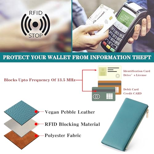 Image of GOIACII Slim Wallets for Women Rfid Blocking Leather Wallet Blue | Credit Card Holder with Zip Pocket, Bifold Wallet,Vegan Leather,Ladies Clutch Purse,Compact Size,Flat Women Wallets