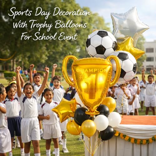 Image of Propsicle Football Trophy Foil Balloon Set Birthday Decoration for Boys 5pc | Soccer world cup decoration 2026 football birthday theme champion sports day golden trophy balloon ronaldo theme decor