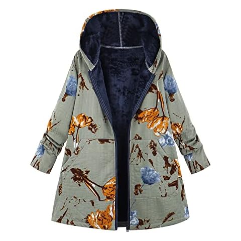 LianMengMVP Womens Long Hoodies Zip Up Long Sleeves Ladies Fleece Longline Hoodie Sweatshirts Women's Warm Thickened Overcoat Flower Print Warm Trendy Winter Fleece Lined Hoodie Sweatshirt Cover