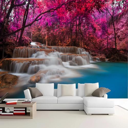 Custom Size Pink Purple Forest Waterfall Wall Mural - Dreamy Tropical Landscape with Turquoise Lake Scene, Removable Self-Adhesive Wallpaper for Living Room, Bedroom, Spa Retreat, Relaxation Nook