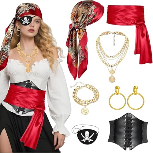 ITJMRJP Accesorios de Disfraz Pirata para Mujer 8 Piezas Accesorios Pirata Mujer Complementos Piratas Con Pañuelo Piratas Parche Aretes Corsé Cinturó para Halloween Carnaval Cosplay(Rojo)