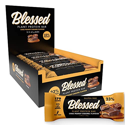 Blessed Vegan Protein Bars - Plant Based Protein Bars Low Calorie High Protein Meal Replacement Bar - Dairy Free, Nutritious Vegan Snacks - 12 Pack Choc Peanut Caramel