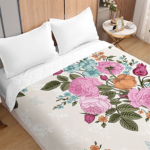 Odot 3D Rosas Patrón Colcha Bouti Invierno Cama 90/150 Acolchada Colchas Cubre Cama Individual o Matrimonio Multiusos Ligera y Suave Colcha Cama (180x220cm,Mariposa Beige)