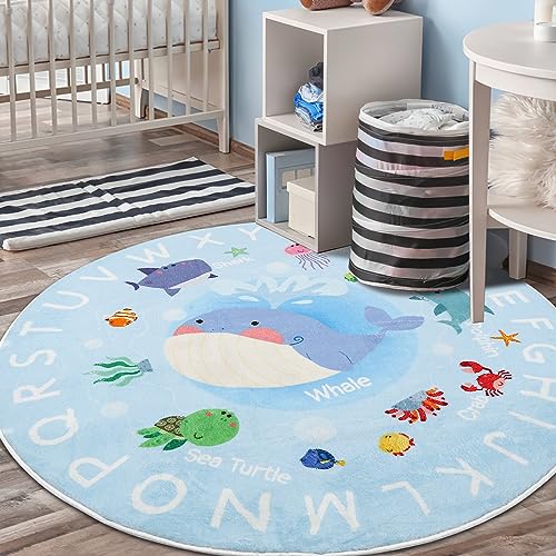 Image of AKASISRUG Blue 2.6 FT Round Alphabets Rug for Kids Room, Soft Washable Non-Slip Whale ABC Design, Area Rug for Nursery Playroom Decor