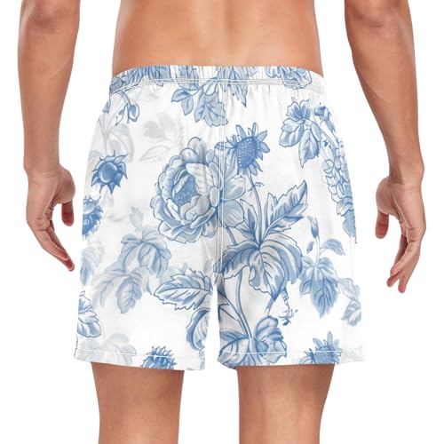 Mens Swim Trunks with Liner, Blue White Floral Cool Quick Dry Beach Swim Shorts, Swimwear Bathing Suits S2