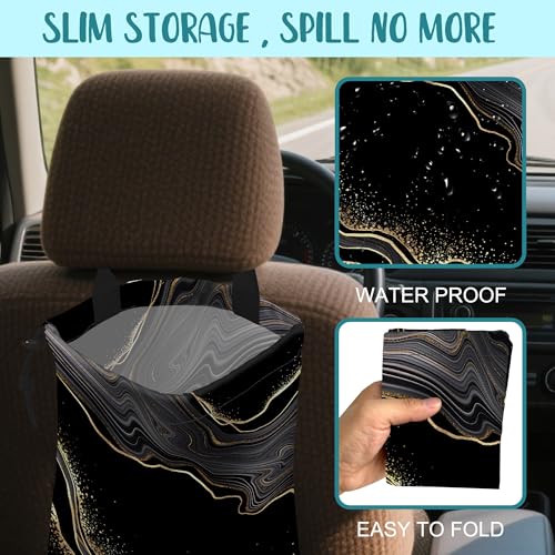 Image of Car Garbage Bag Abstract Marble Golden Veins Drawstring Car Trash Bag Hanging for Back Seat with Adjustable Buckle Canvas Vehicle Trash Can Easy-to-Install