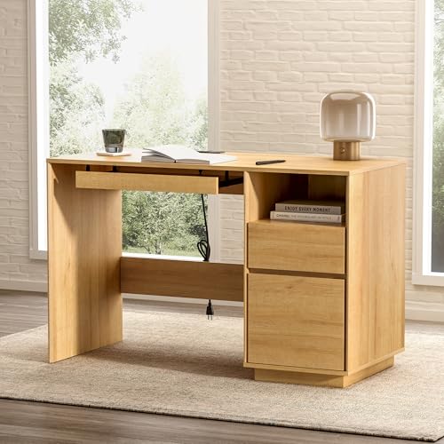 EYYTHUNG Home Office Desk, 47' Farmhouse Executive Desk with File Drawer & Outlet, Wood Computer Desks with Keyboard Tray, Workspace for Study Writing, Natural Oak