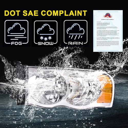 Image of GRAND ORANGE Headlights Assembly Compatible with Dodge Ram 1500 2002-2005, Fit Dodge Ram 2500 3500 2003-2005 Left & Right Headlamps Assembly, Clear Lens Chrome Housing Amber Reflector