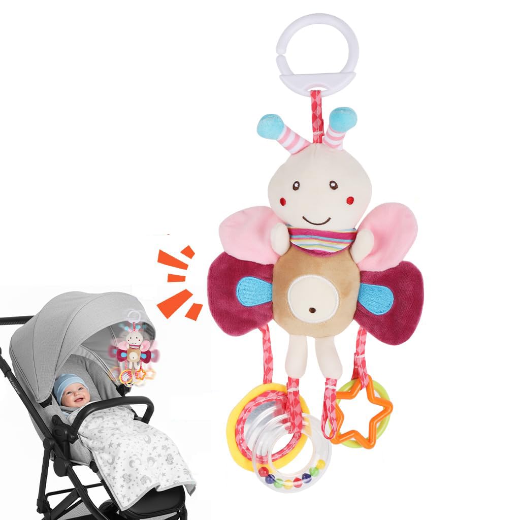 SNOWIE SOFT® Baby Hanging Plush Cartoon Crib Toy with Mirror, Rattles and Colorful Geometric Pendants, Soft Crib Stroller Car Seat Activity Toy for Infant Sensory Development