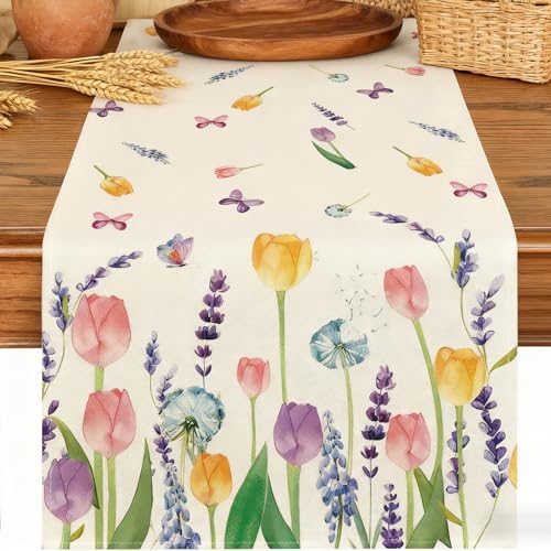 Tischdecke Frühling 183×33cm – Moderner Abwaschbarer Tischläufer mit Tulpen & Schmetterlingen für Frühlingsdeko, Esszimmer & Küche – Frühling Tischdeko im Aquarellstil