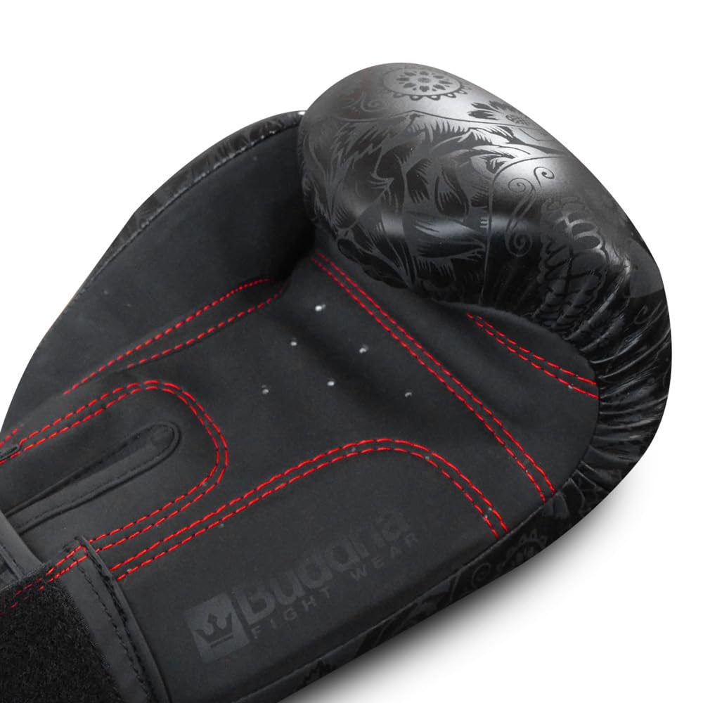 BUDDHA FIGHT WEAR Fantasy Mexican - Guanti da boxe, nero, Muay Thai, Kick Boxing, ecopelle, interno antiodore, cuciture rinforzate (nero e nero opaco, 10 once)