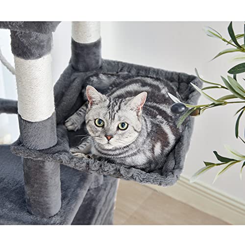 Pesofer 55.9 Inches Cat Tree Multi Level Cat Tower With Sisal-Covered Scratching Posts, Kitty Playhouse And Large Top Perch Dark Gray #TOP2
